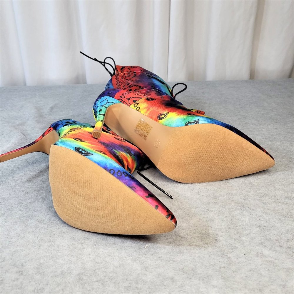 * Mata Bold Tie Dye Drawstring 4" Stiletto High Heel Mid Calf Boots - Picture 10 of 11